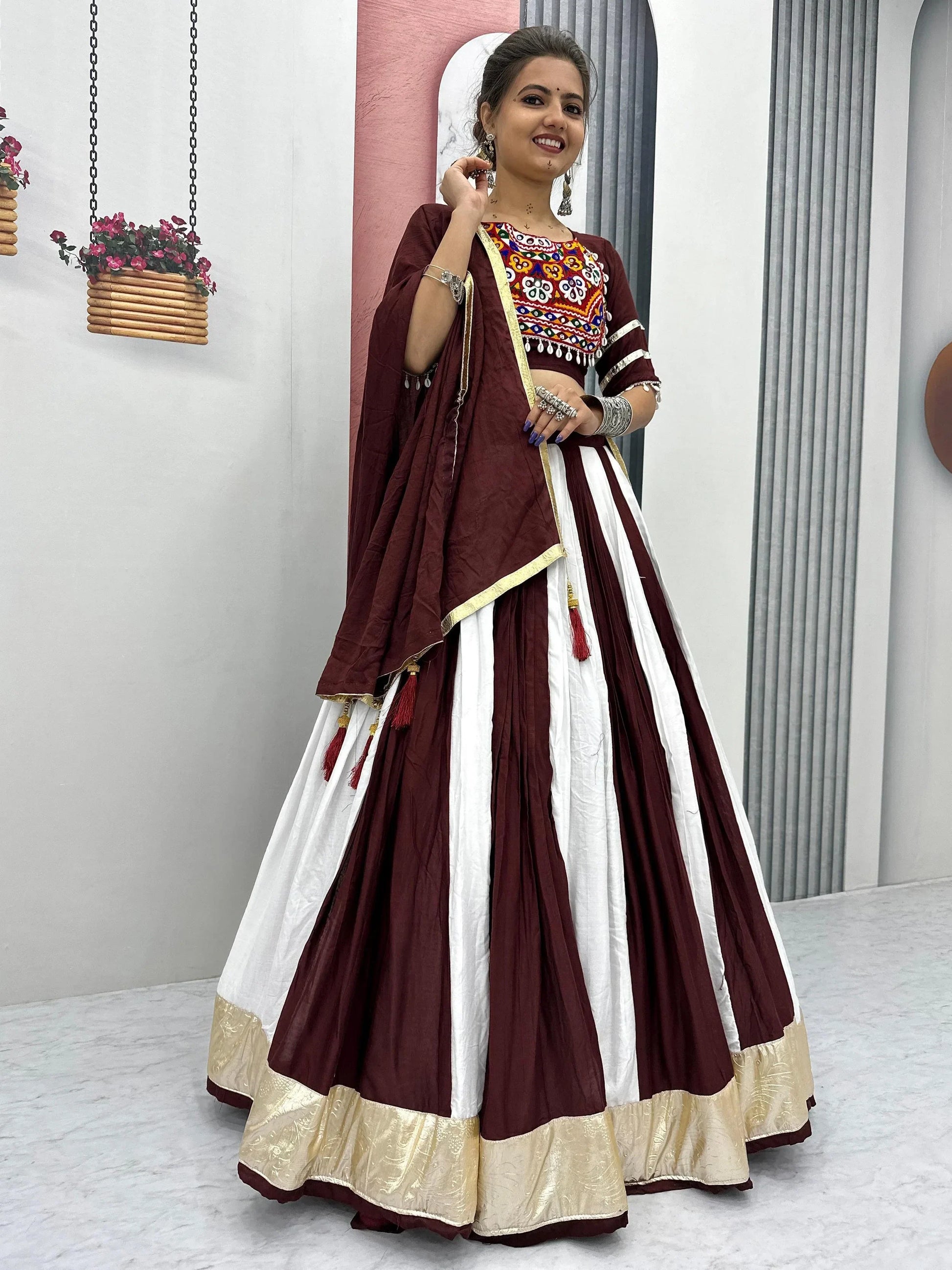 Awesome Maroon Cotton Navratri Wear Lehenga With Gamthi Work Blouse - Zeel Clothing