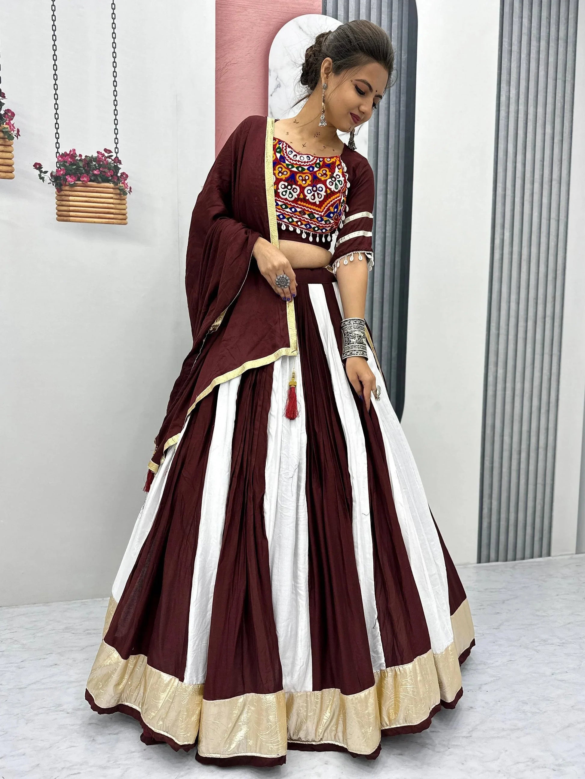 Awesome Maroon Cotton Navratri Wear Lehenga With Gamthi Work Blouse - Zeel Clothing