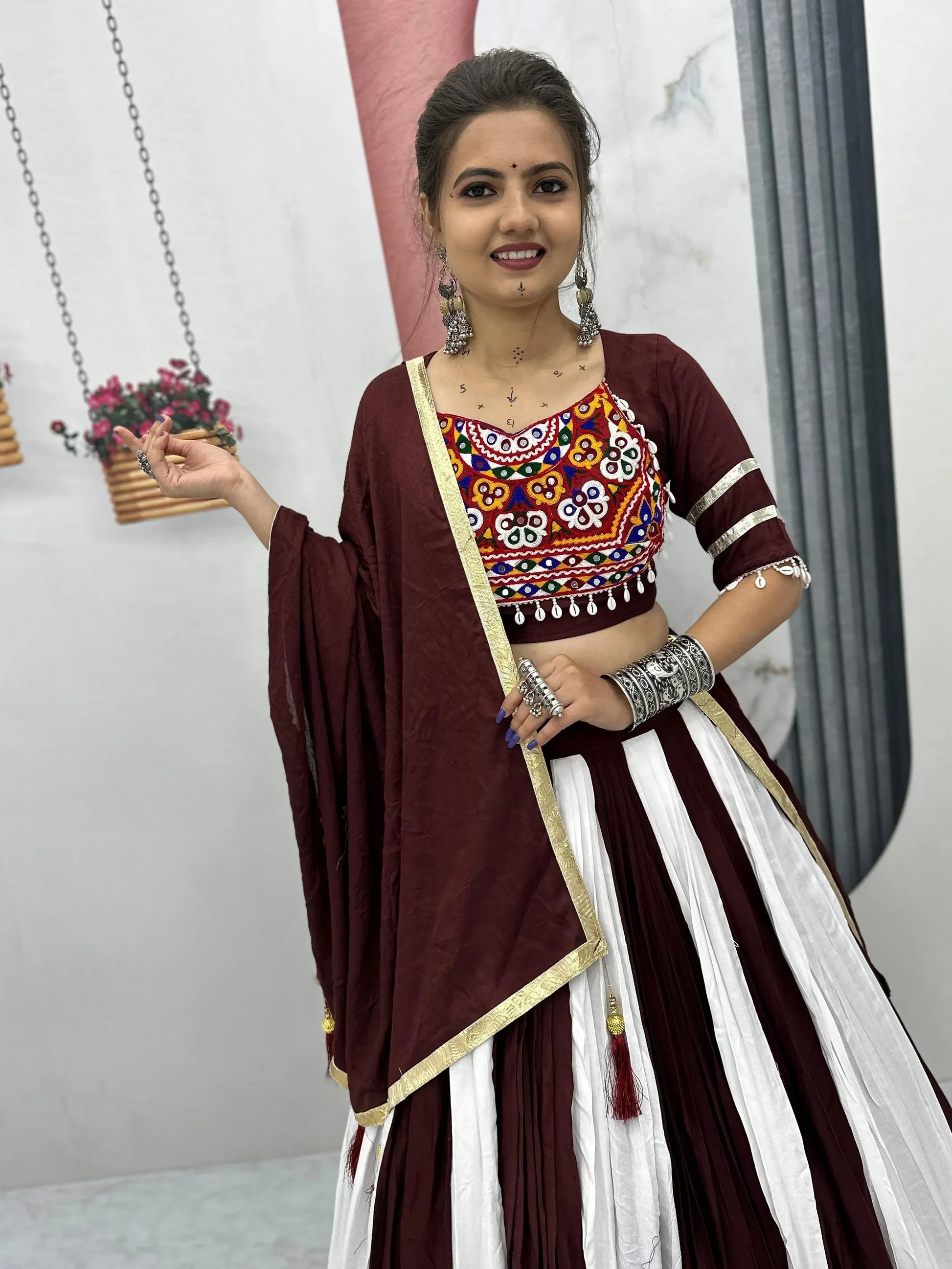 Awesome Maroon Cotton Navratri Wear Lehenga With Gamthi Work Blouse - Zeel Clothing