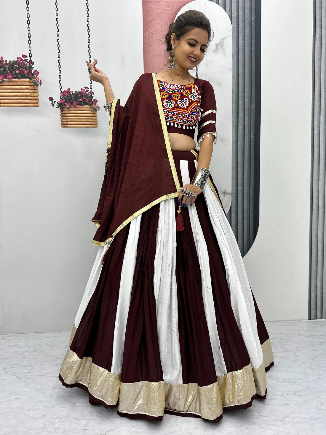 Awesome Maroon Cotton Navratri Wear Lehenga With Gamthi Work Blouse - Zeel Clothing