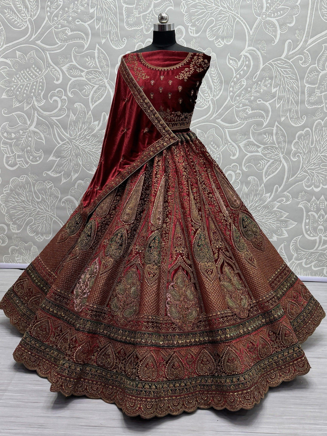Awesome Maroon Dori Work Velvet Lehenga Choli With Double Dupatta