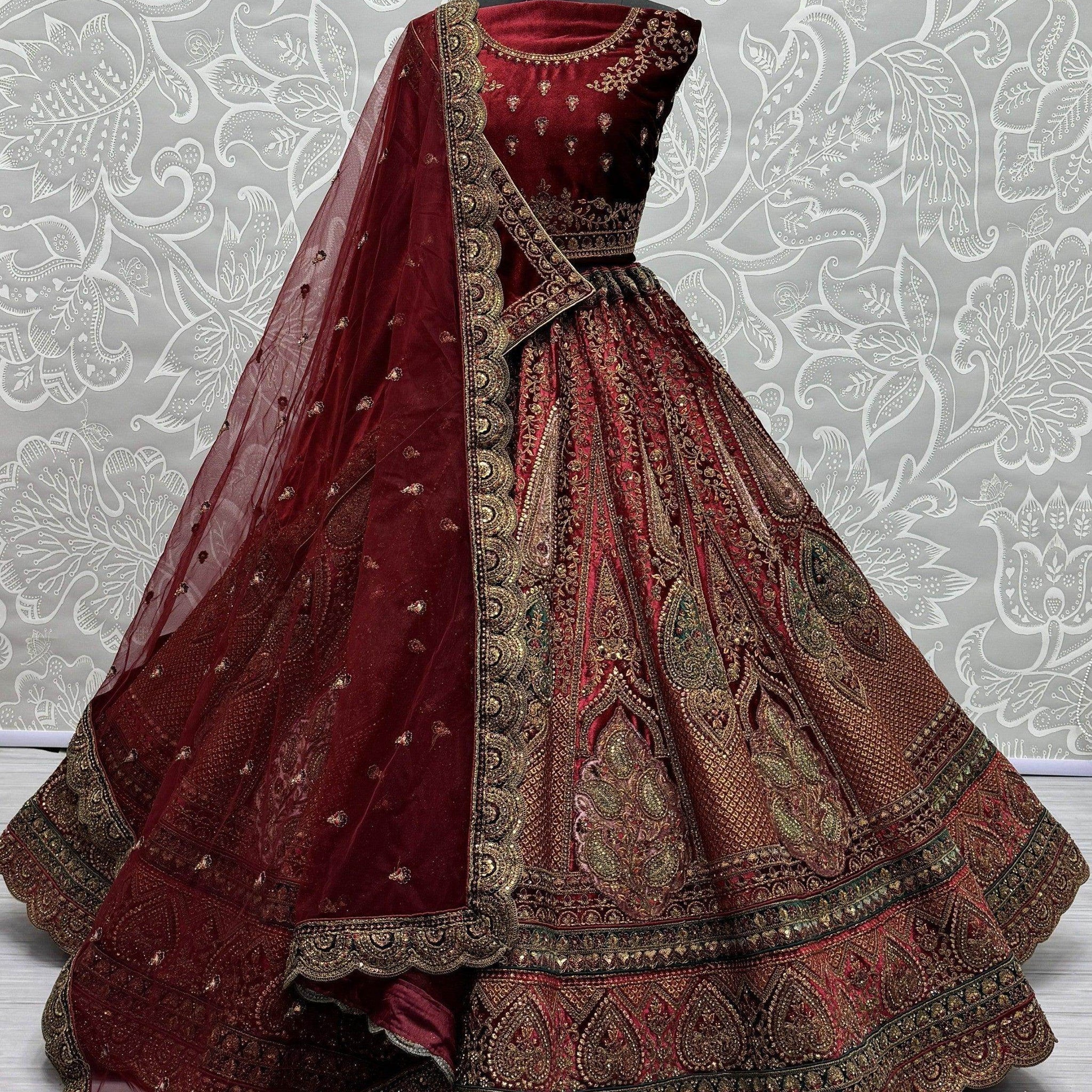 Awesome Maroon Dori Work Velvet Lehenga Choli With Double Dupatta - Zeel Clothing