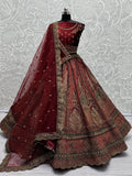 Awesome Maroon Dori Work Velvet Lehenga Choli With Double Dupatta - Zeel Clothing