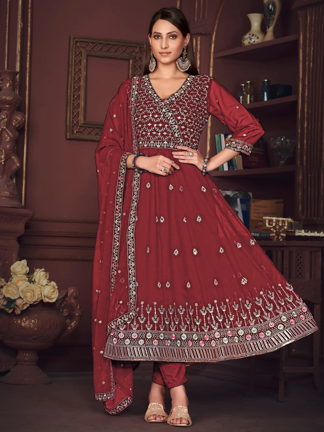 Awesome Maroon Embroidered Georgette Anarkali Suit With Dupatta - Zeel Clothing