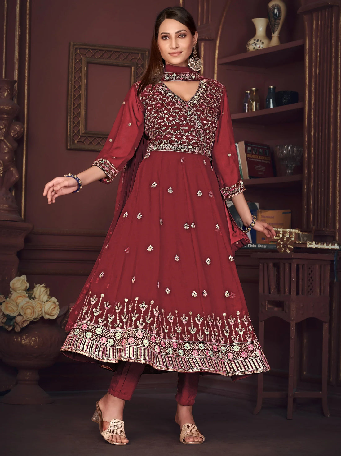 Awesome Maroon Embroidered Georgette Anarkali Suit With Dupatta - Zeel Clothing