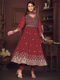Awesome Maroon Embroidered Georgette Anarkali Suit With Dupatta - Zeel Clothing