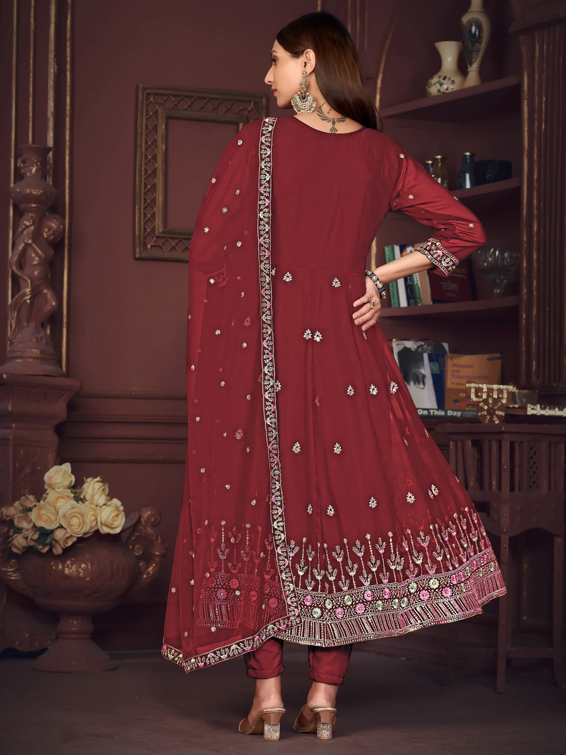 Awesome Maroon Embroidered Georgette Anarkali Suit With Dupatta - Zeel Clothing