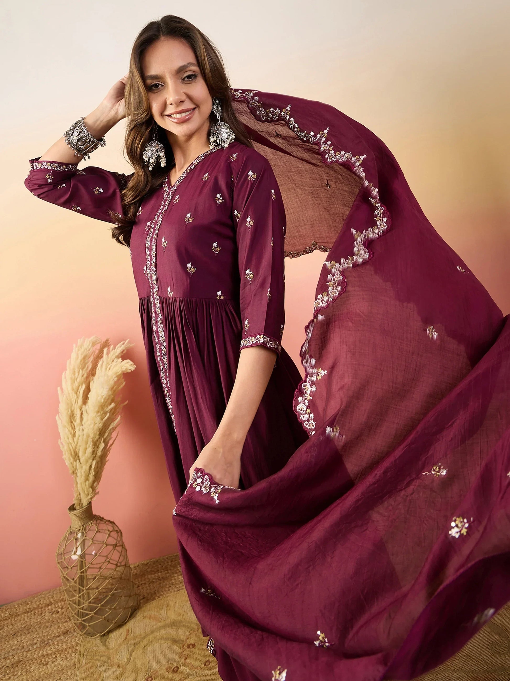 Awesome Maroon Embroidered Silk Traditional Palazzo Suit With Dupatta - Zeel Clothing