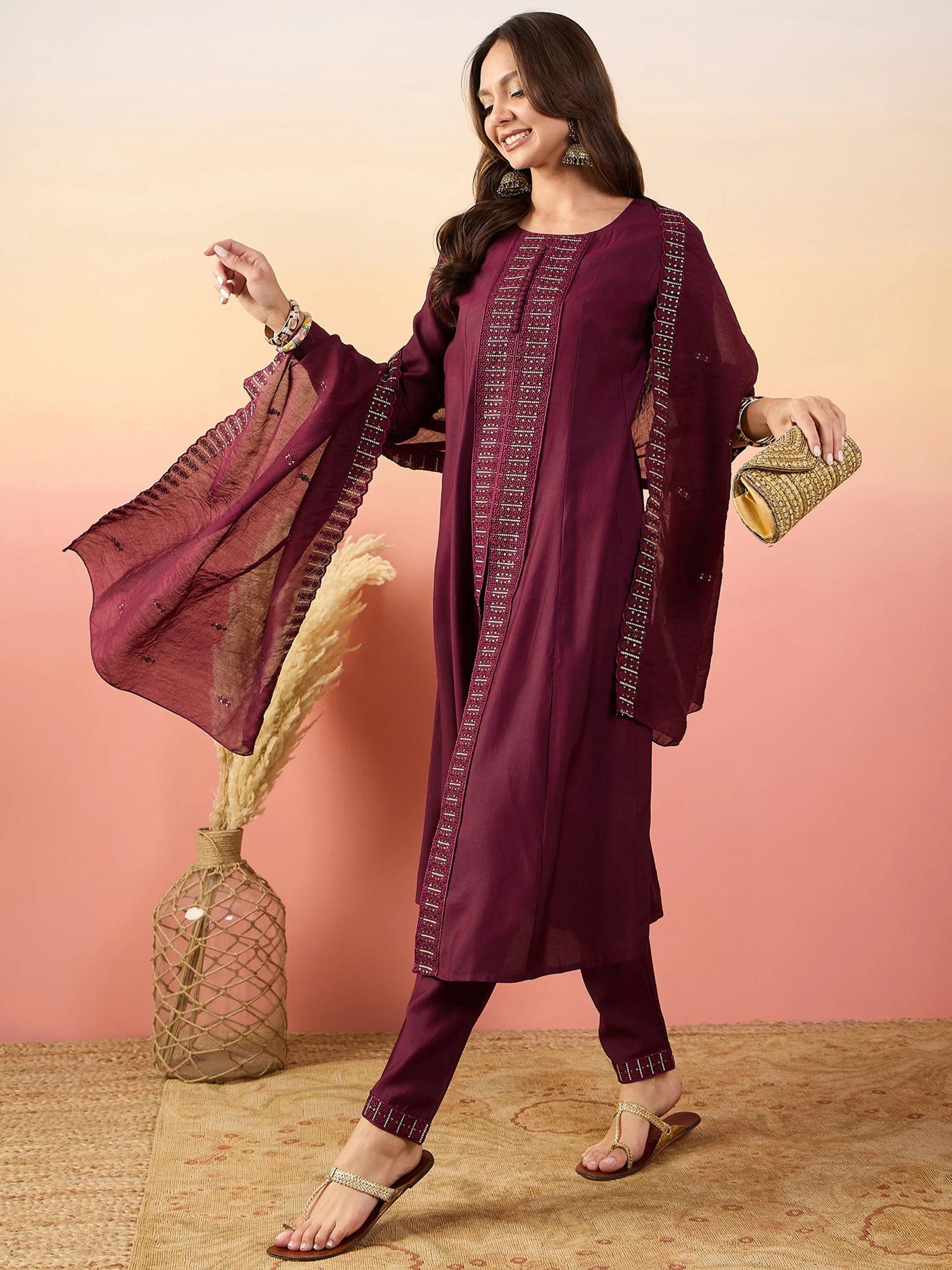 Awesome Maroon Embroidered Silk Traditional Pant Suit With Dupatta - Zeel Clothing
