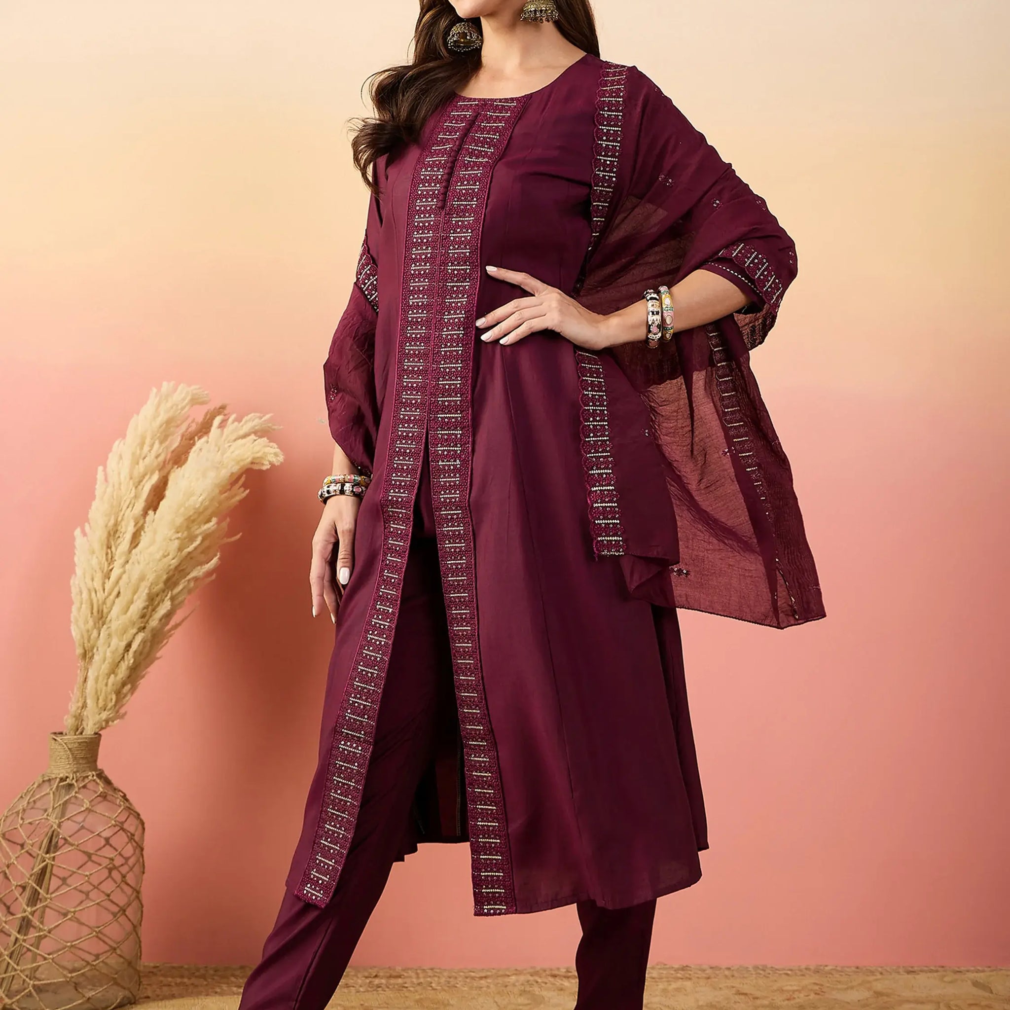 Awesome Maroon Embroidered Silk Traditional Pant Suit With Dupatta - Zeel Clothing