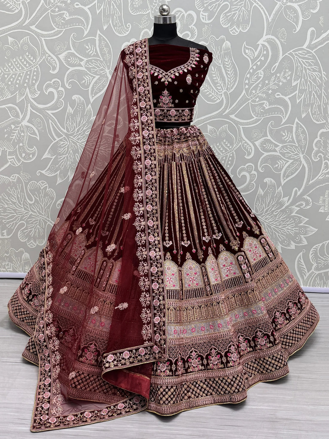 Awesome Maroon Embroidered Velvet Bridal Lehenga Choli With Dupatta - Zeel Clothing