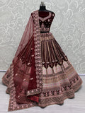 Awesome Maroon Embroidered Velvet Bridal Lehenga Choli With Dupatta - Zeel Clothing