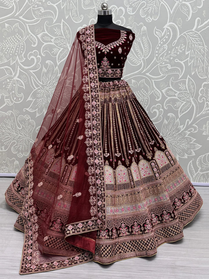 Awesome Maroon Embroidered Velvet Bridal Lehenga Choli With Dupatta - Zeel Clothing