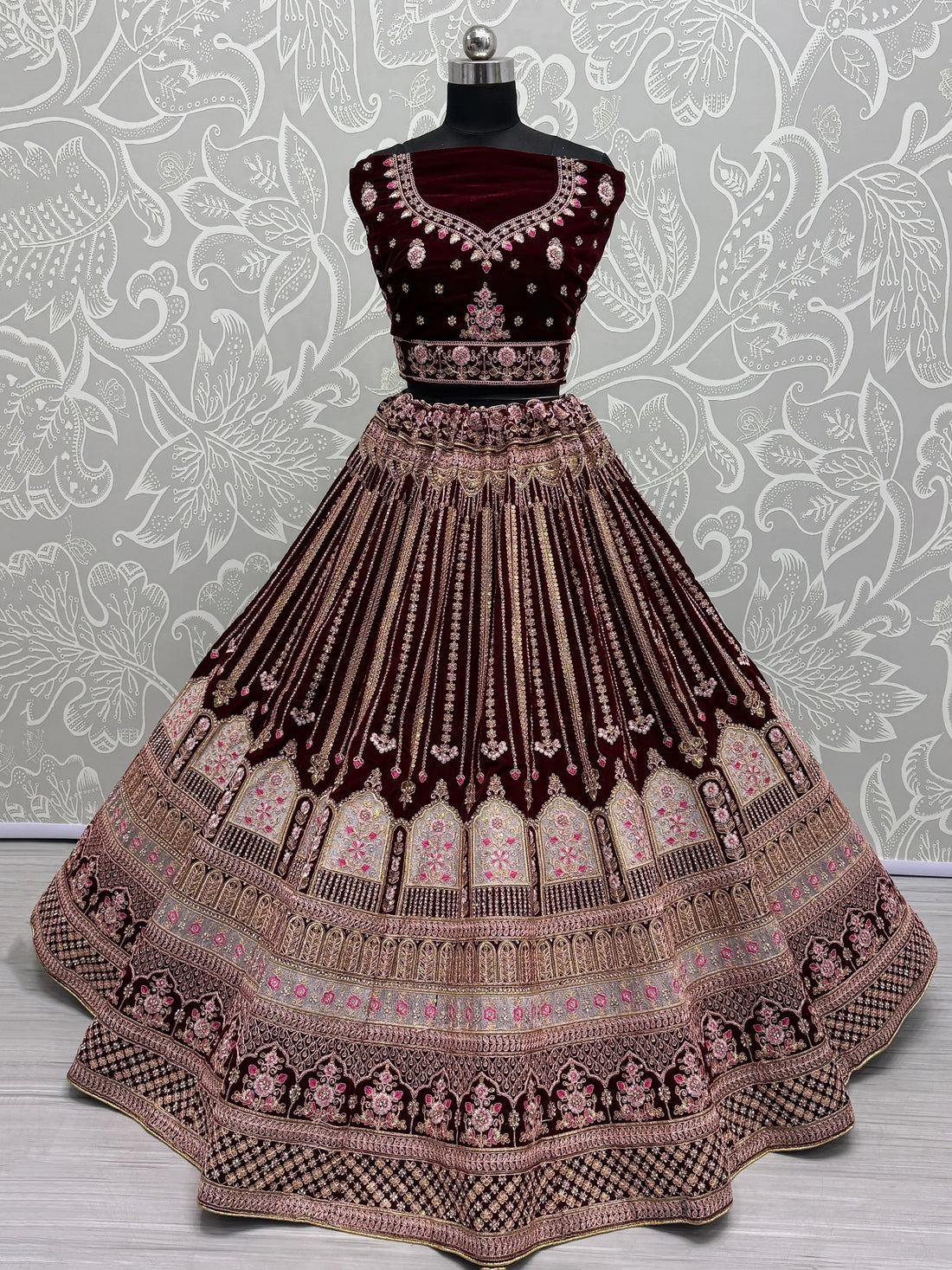 Awesome Maroon Embroidered Velvet Bridal Lehenga Choli With Dupatta - Zeel Clothing