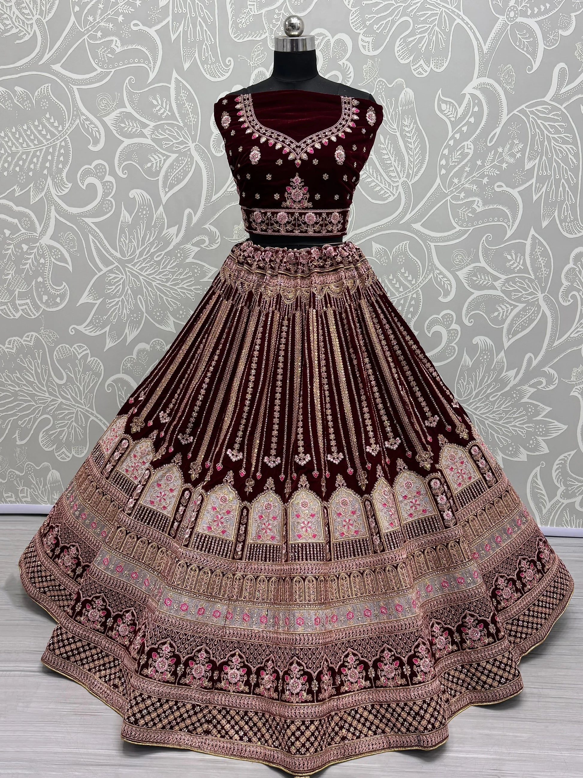 Awesome Maroon Embroidered Velvet Bridal Lehenga Choli With Dupatta - Zeel Clothing