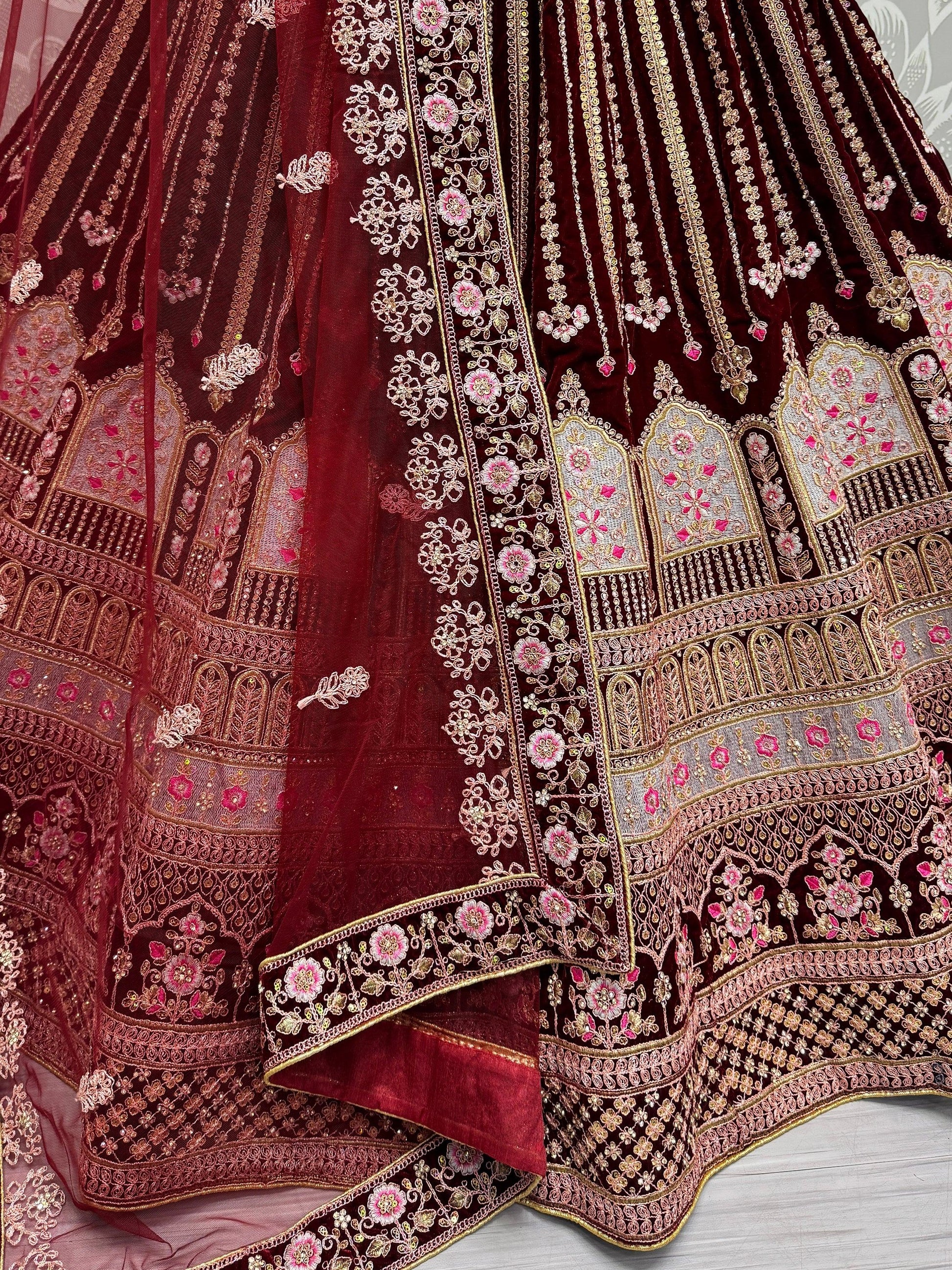 Awesome Maroon Embroidered Velvet Bridal Lehenga Choli With Dupatta - Zeel Clothing