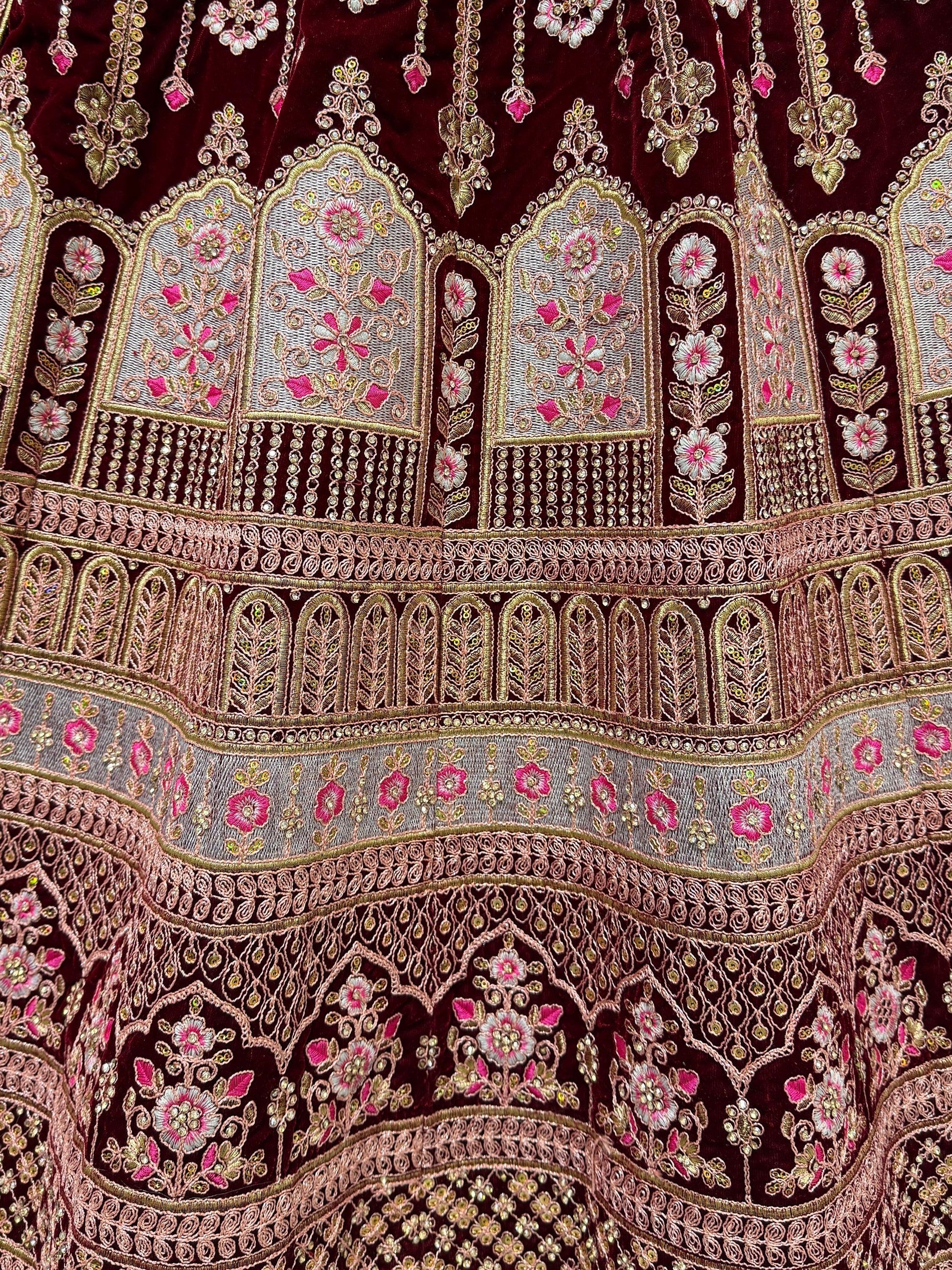 Awesome Maroon Embroidered Velvet Bridal Lehenga Choli With Dupatta - Zeel Clothing
