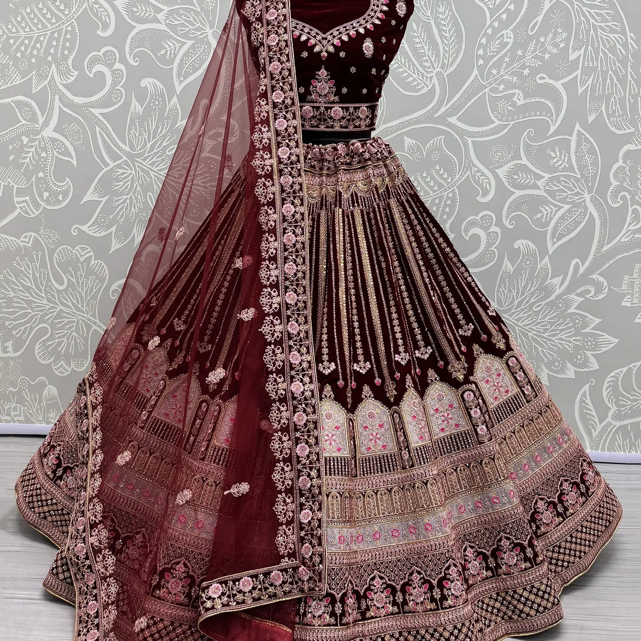 Awesome Maroon Embroidered Velvet Bridal Lehenga Choli With Dupatta - Zeel Clothing