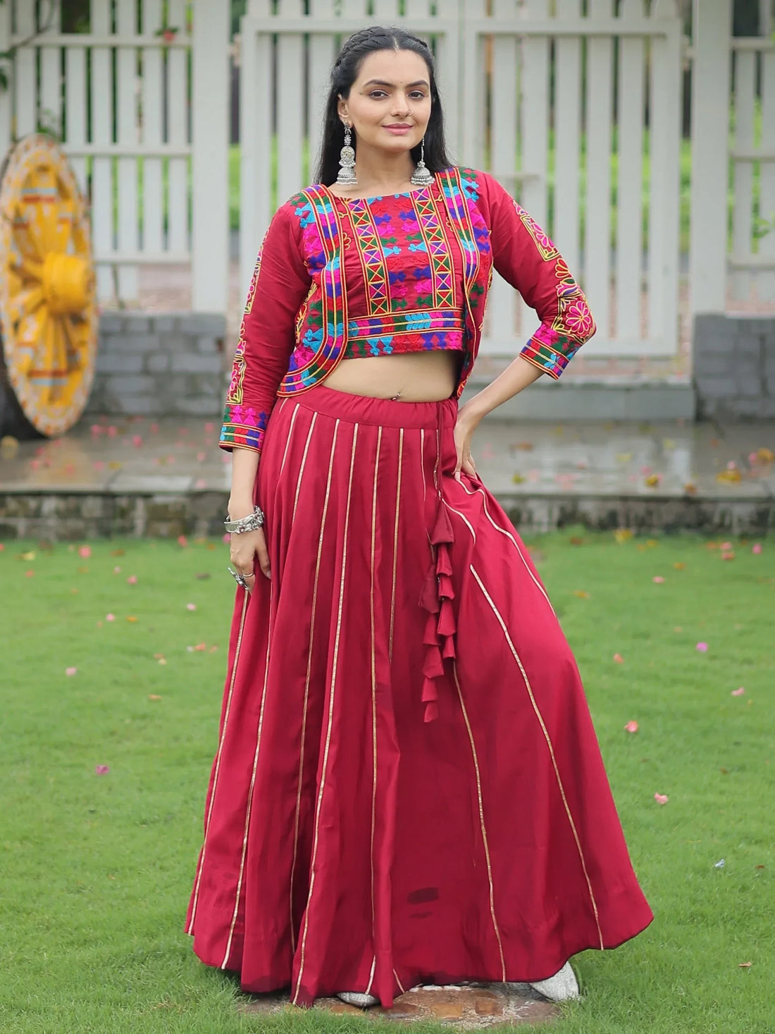 Awesome Maroon Gota Patti Lace Silk Navratri Special Lehenga Choli With Jacket - Zeel Clothing