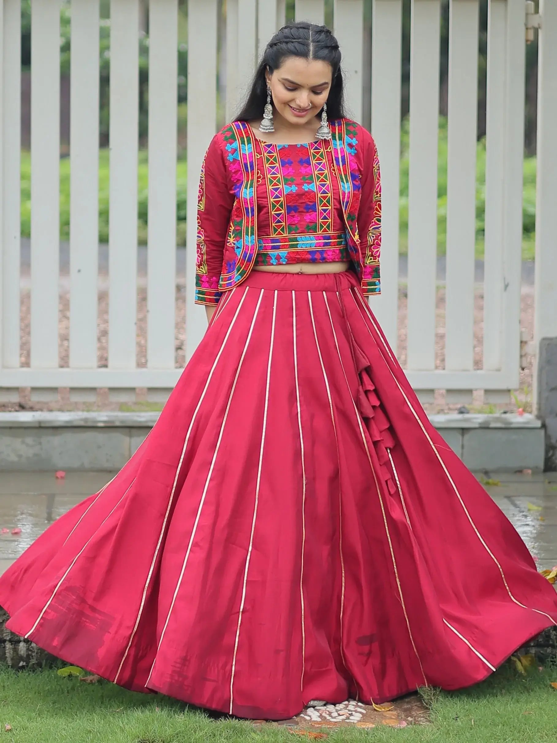 Awesome Maroon Gota Patti Lace Silk Navratri Special Lehenga Choli With Jacket - Zeel Clothing