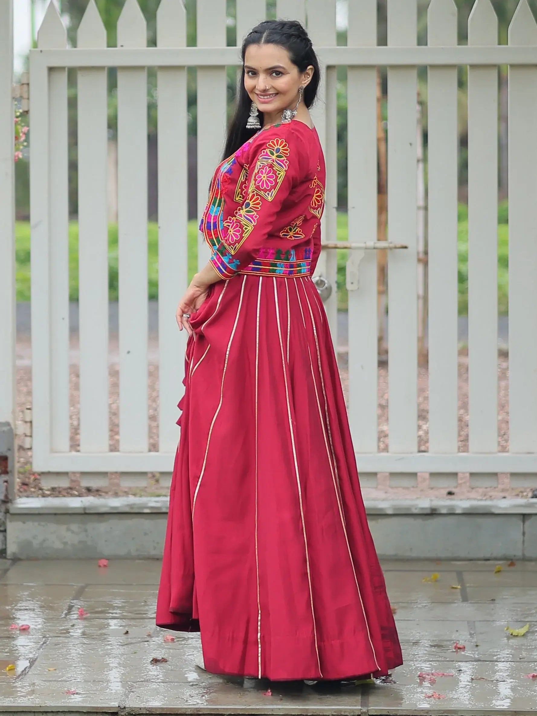 Awesome Maroon Gota Patti Lace Silk Navratri Special Lehenga Choli With Jacket - Zeel Clothing