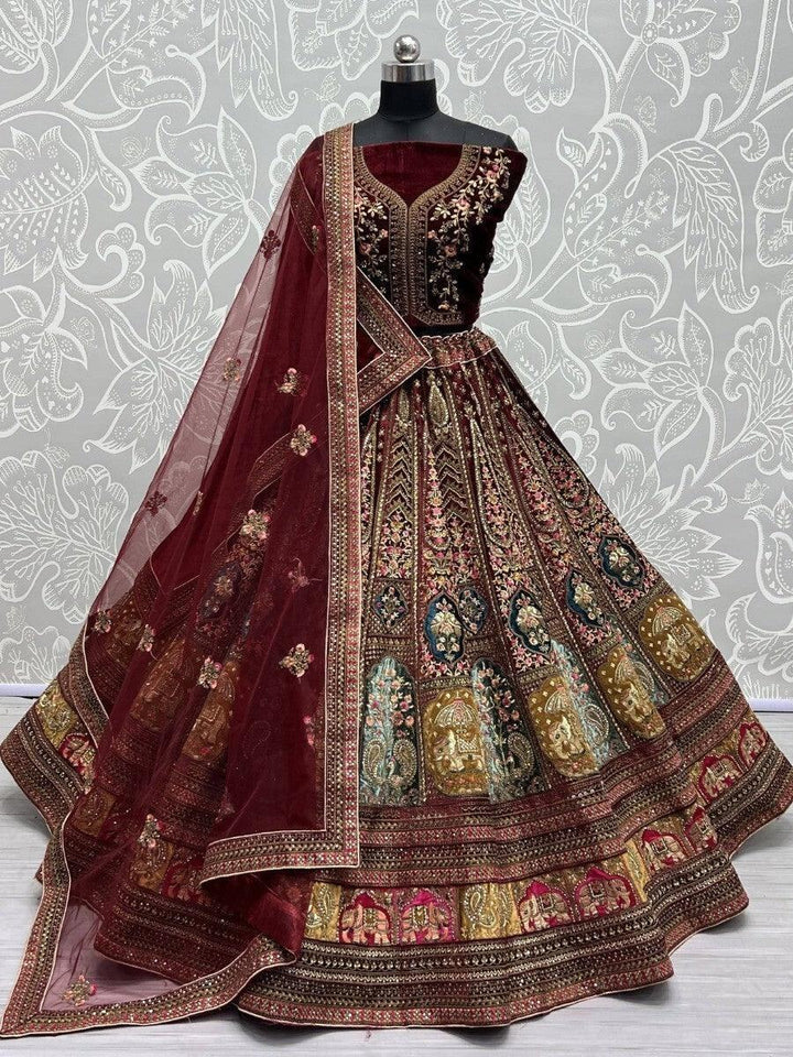 Awesome Maroon Multi-Thread Work Velvet Lehenga Choli With Double Dupatta