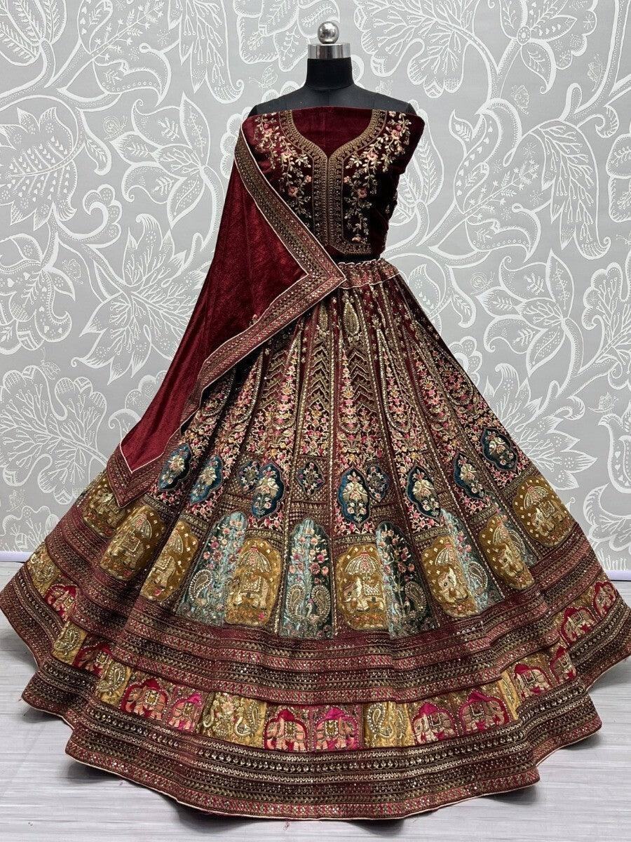 Awesome Maroon Multi-Thread Work Velvet Lehenga Choli With Double Dupatta