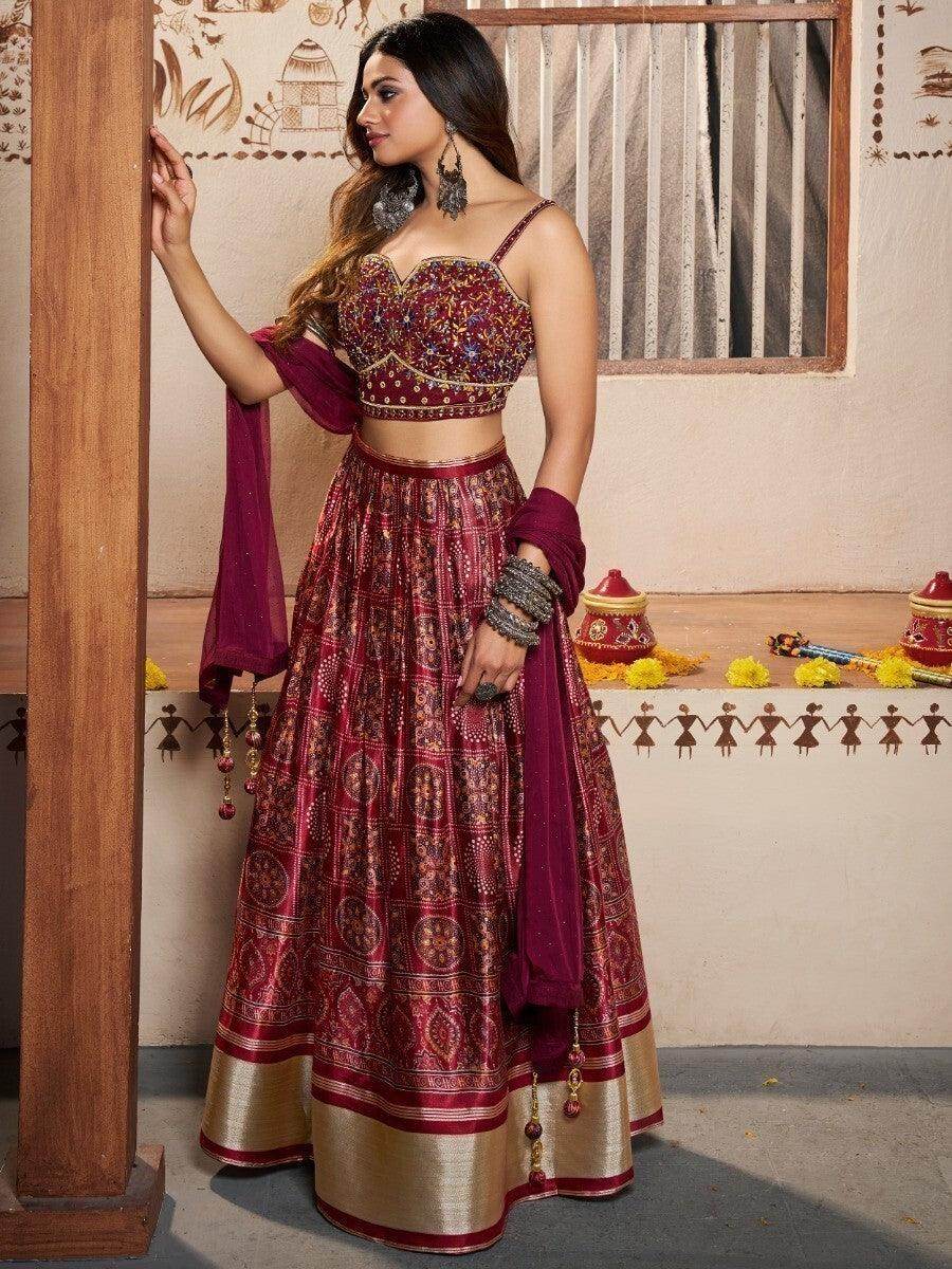 Awesome Maroon Patola Silk Wedding Wear Lehenga With Embroidered Choli - Zeel Clothing