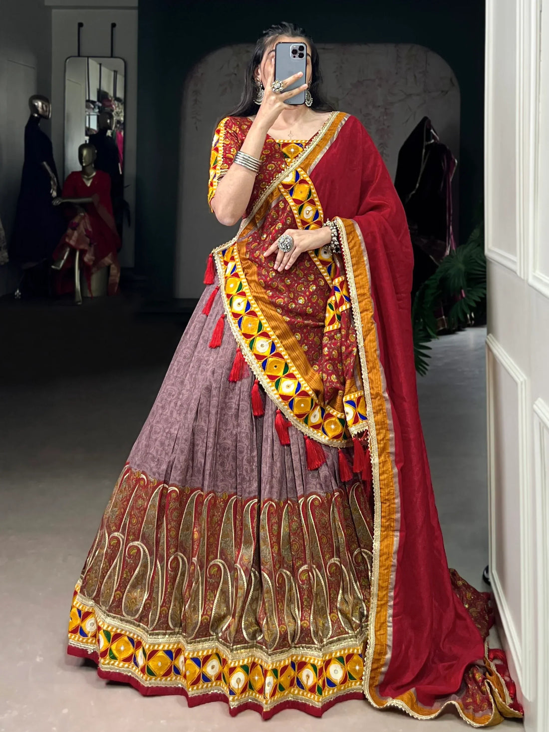 Awesome Mauve Kashmiri Print Tussar Silk Lehenga Choli With Dupatta