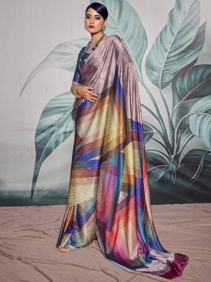Awesome Multi-Color Digital Printed Satin Saree With Blouse