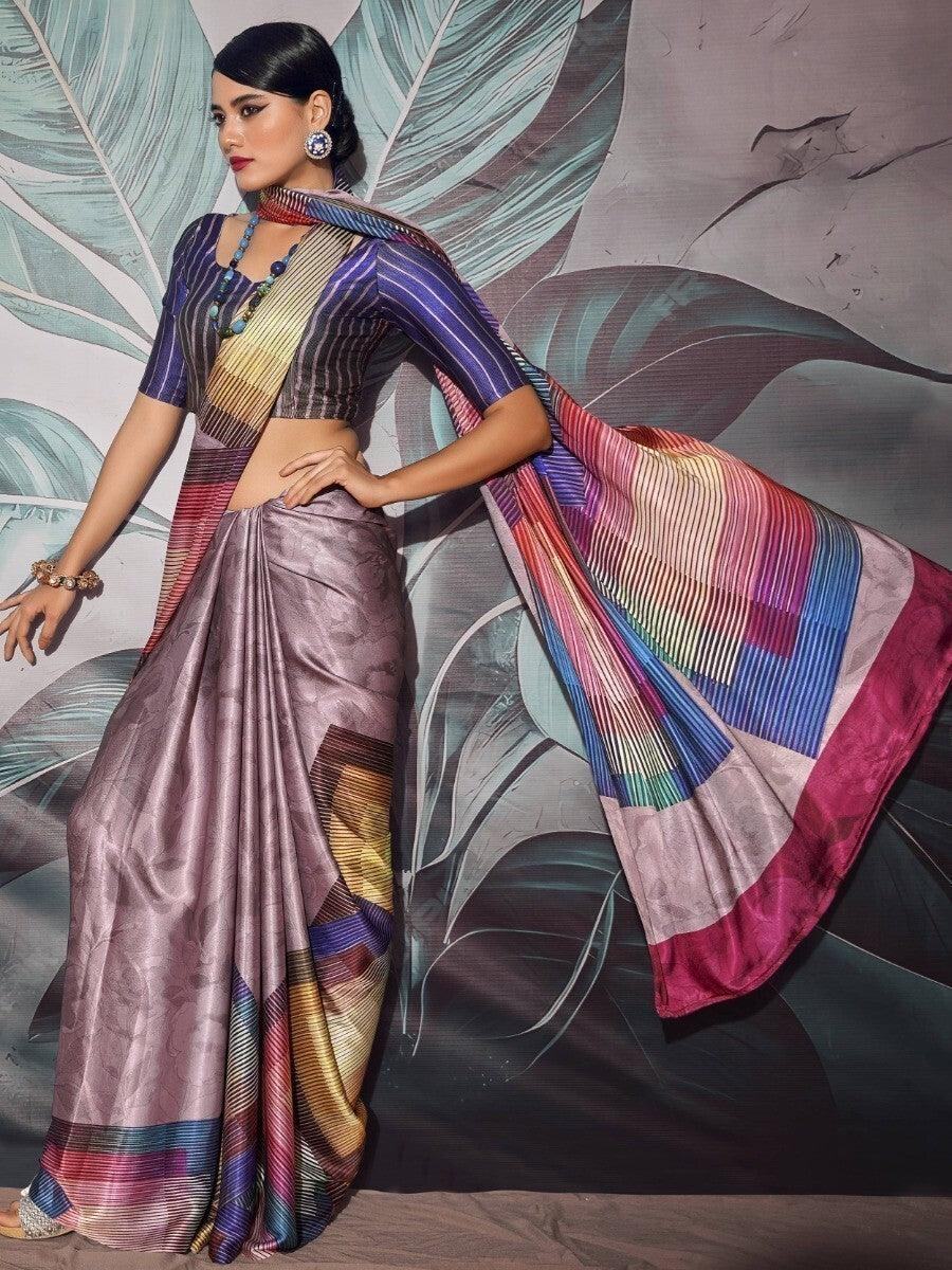 Awesome Multi-Color Digital Printed Satin Saree With Blouse
