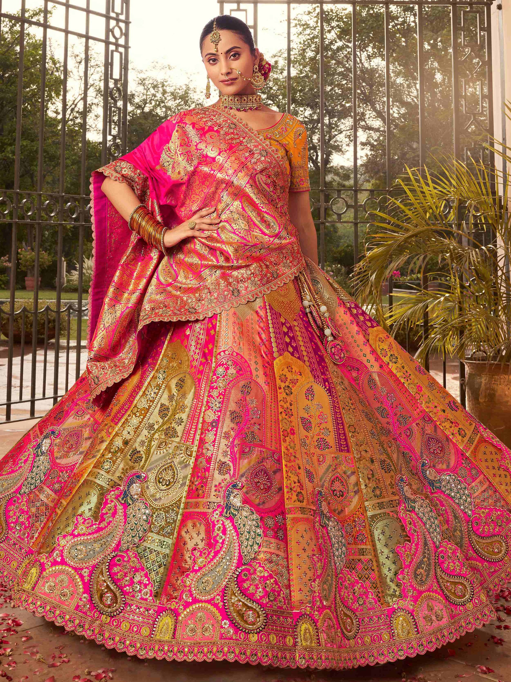 Awesome Multi-Color Embroidered Banarasi Silk Bridal Lehenga Choli - Zeel Clothing