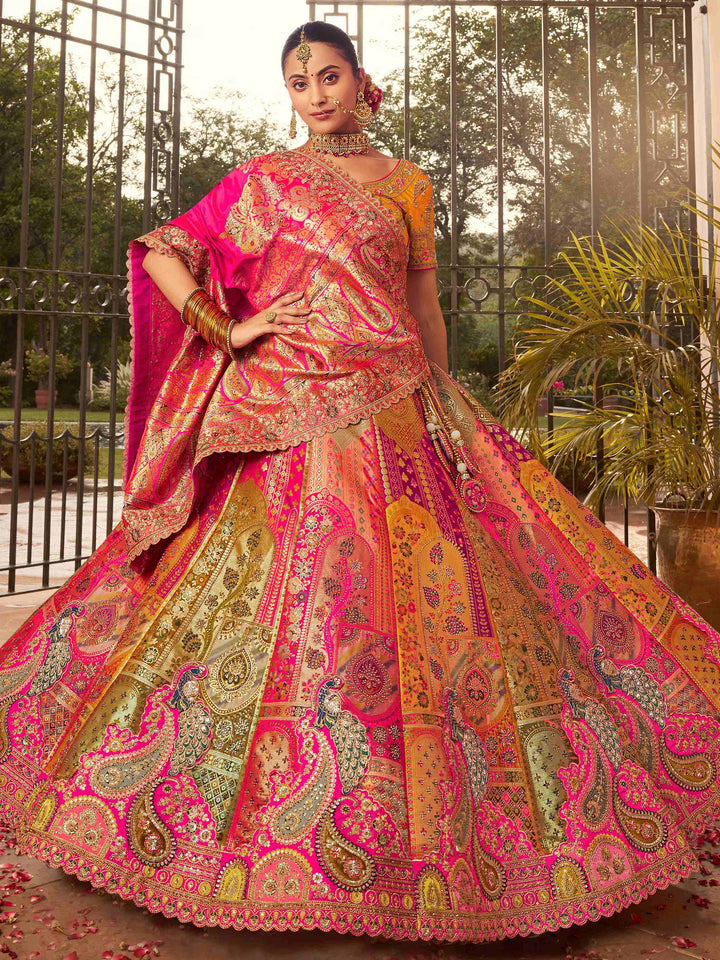 Awesome Multi-Color Embroidered Banarasi Silk Bridal Lehenga Choli - Zeel Clothing