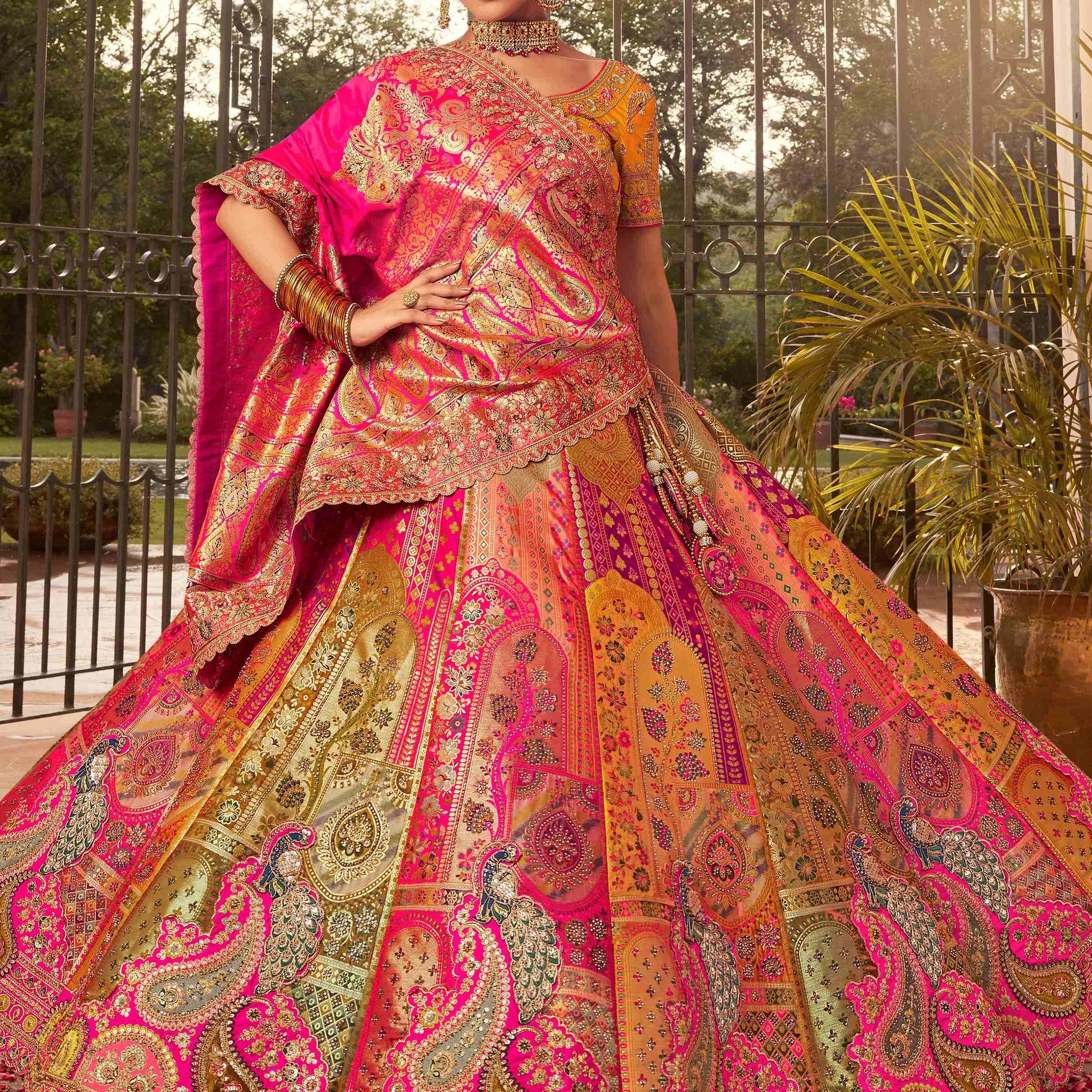 Awesome Multi-Color Embroidered Banarasi Silk Bridal Lehenga Choli - Zeel Clothing