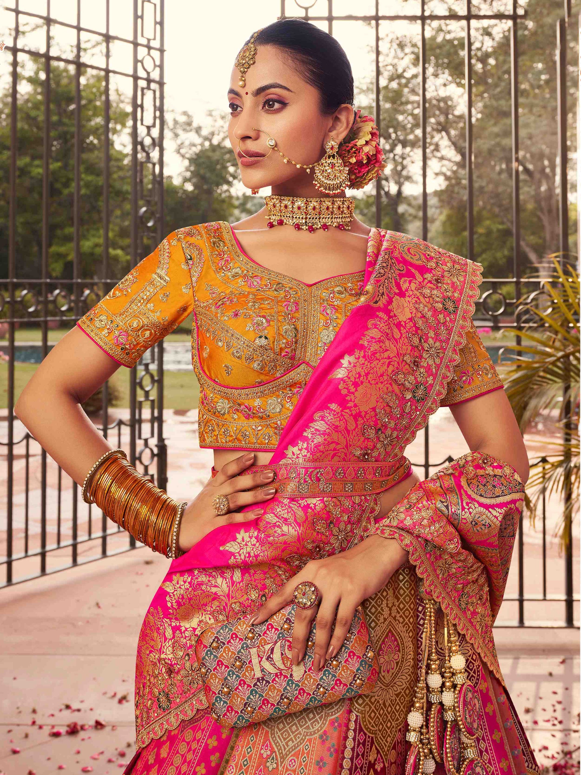 Awesome Multi-Color Embroidered Banarasi Silk Bridal Lehenga Choli - Zeel Clothing