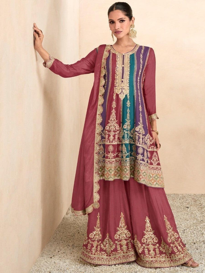 Awesome Multi-Color Embroidered Chinon Events Wear Palazzo Suits