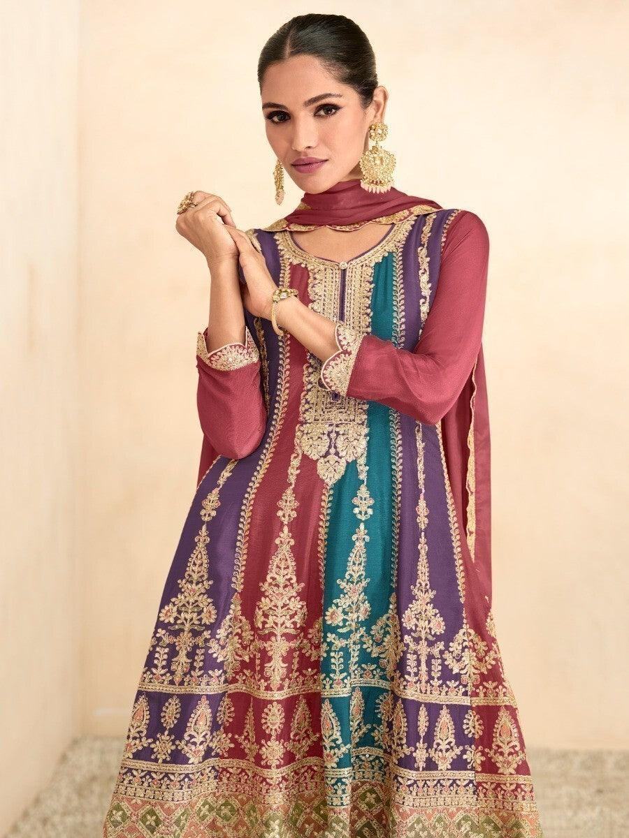 Awesome Multi-Color Embroidered Chinon Events Wear Palazzo Suits