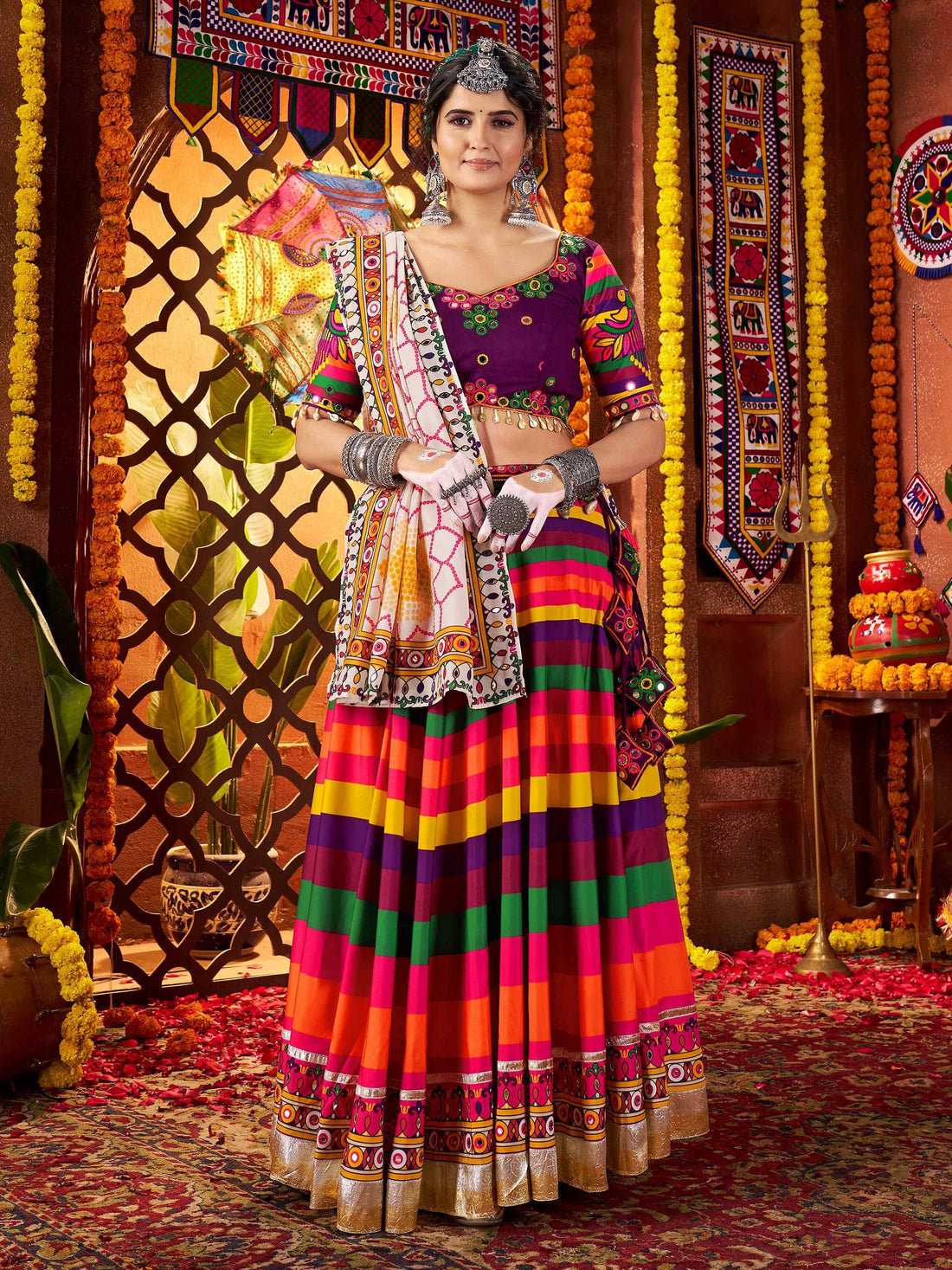 Awesome Multi-Color Muslin Silk Navratri Wear Lehenga With Thread Work Choli - Zeel Clothing