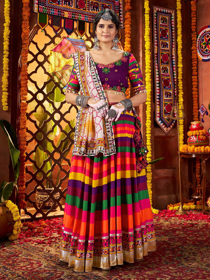 Awesome Multi-Color Muslin Silk Navratri Wear Lehenga With Thread Work Choli - Zeel Clothing