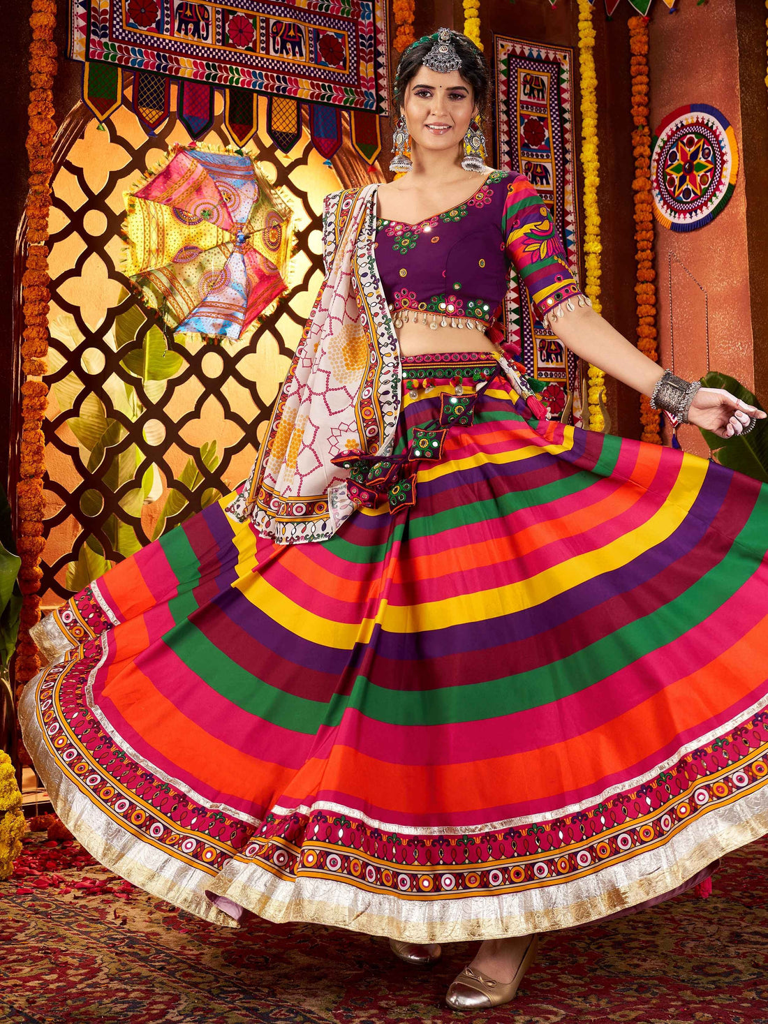 Awesome Multi-Color Muslin Silk Navratri Wear Lehenga With Thread Work Choli - Zeel Clothing