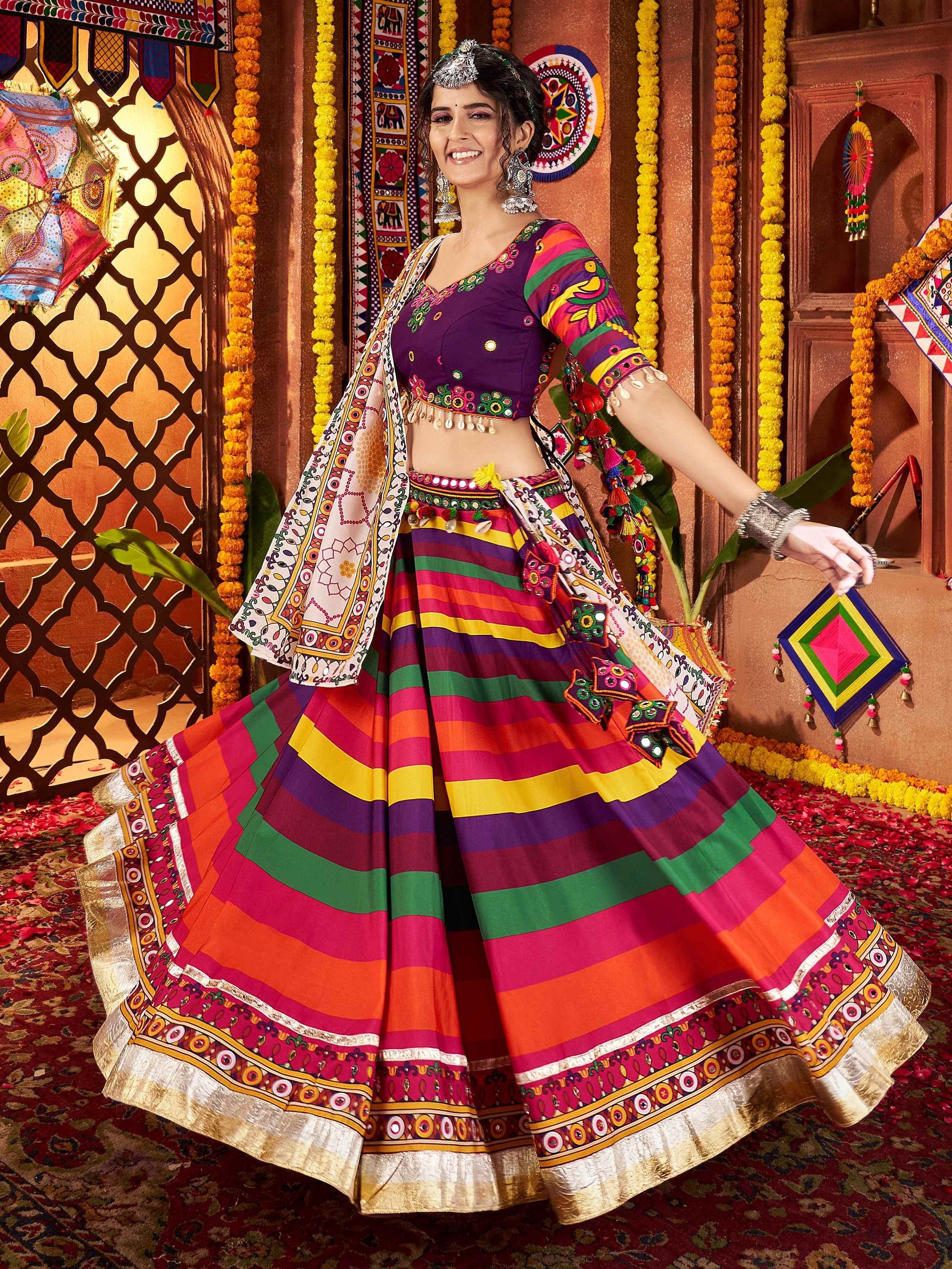 Awesome Multi-Color Muslin Silk Navratri Wear Lehenga With Thread Work Choli - Zeel Clothing