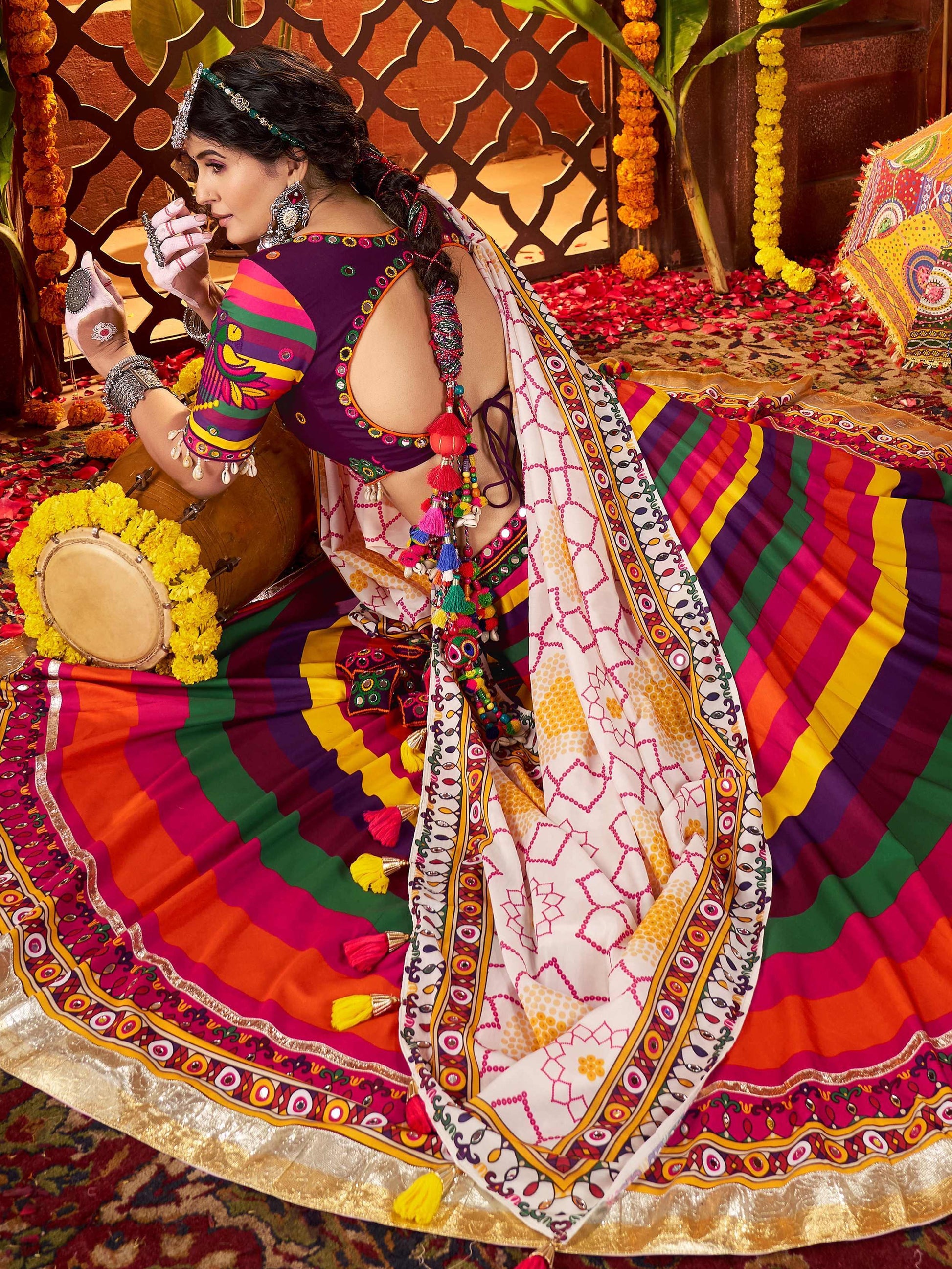 Awesome Multi-Color Muslin Silk Navratri Wear Lehenga With Thread Work Choli - Zeel Clothing