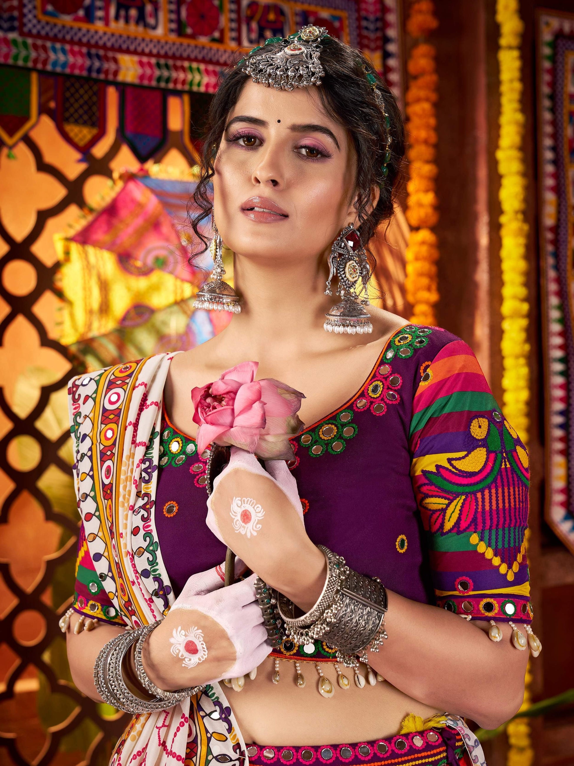 Awesome Multi-Color Muslin Silk Navratri Wear Lehenga With Thread Work Choli - Zeel Clothing