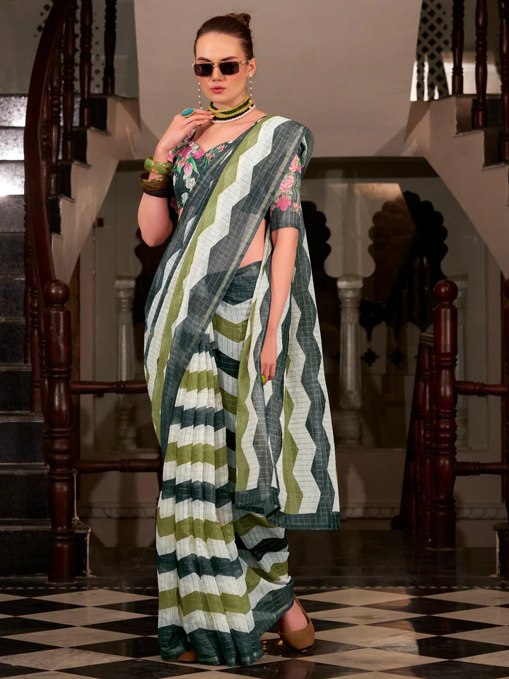Awesome Multi-Color Printed Cotton Office Wear Saree With Blouse - Zeel Clothing