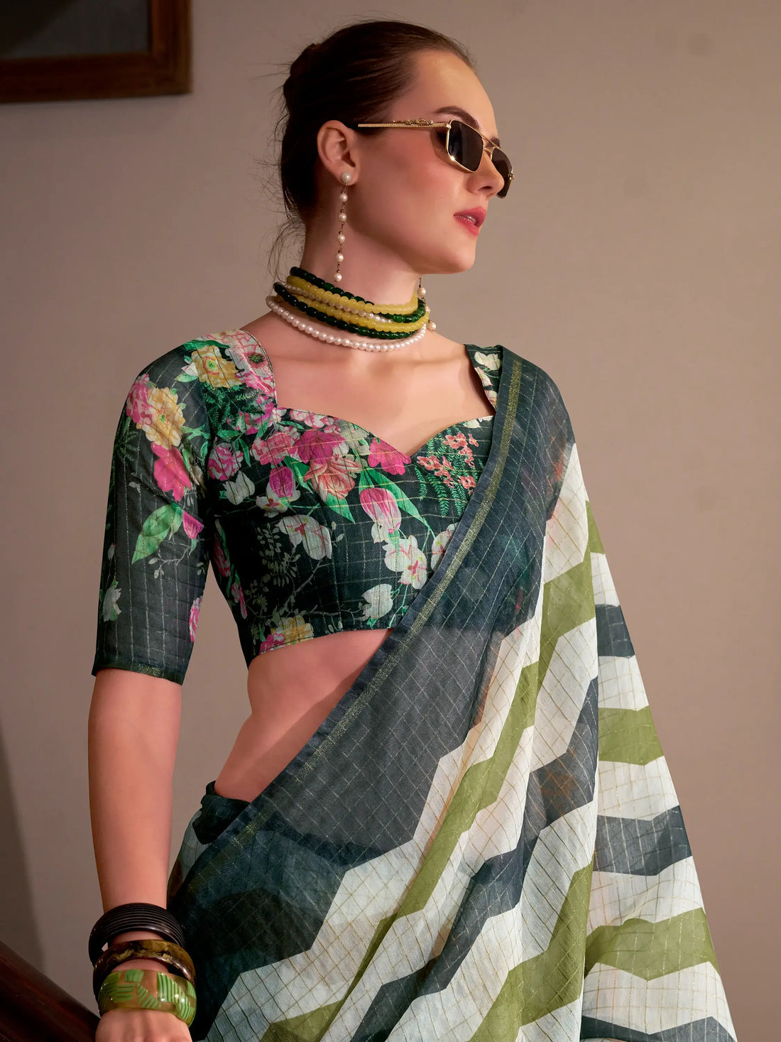 Awesome Multi-Color Printed Cotton Office Wear Saree With Blouse - Zeel Clothing