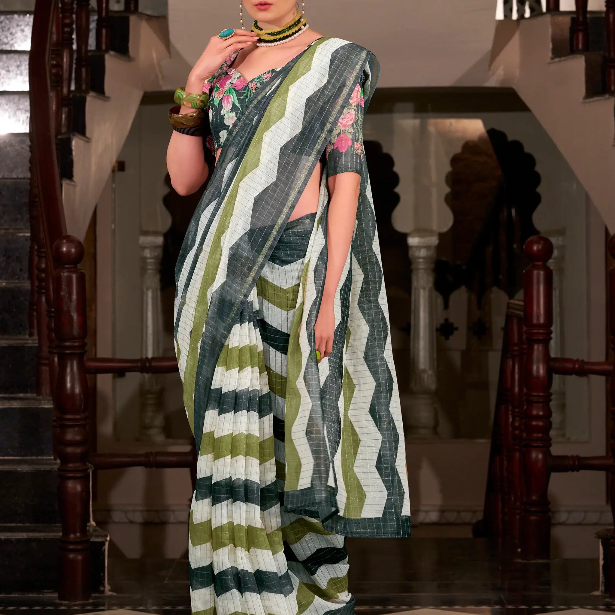 Awesome Multi-Color Printed Cotton Office Wear Saree With Blouse - Zeel Clothing