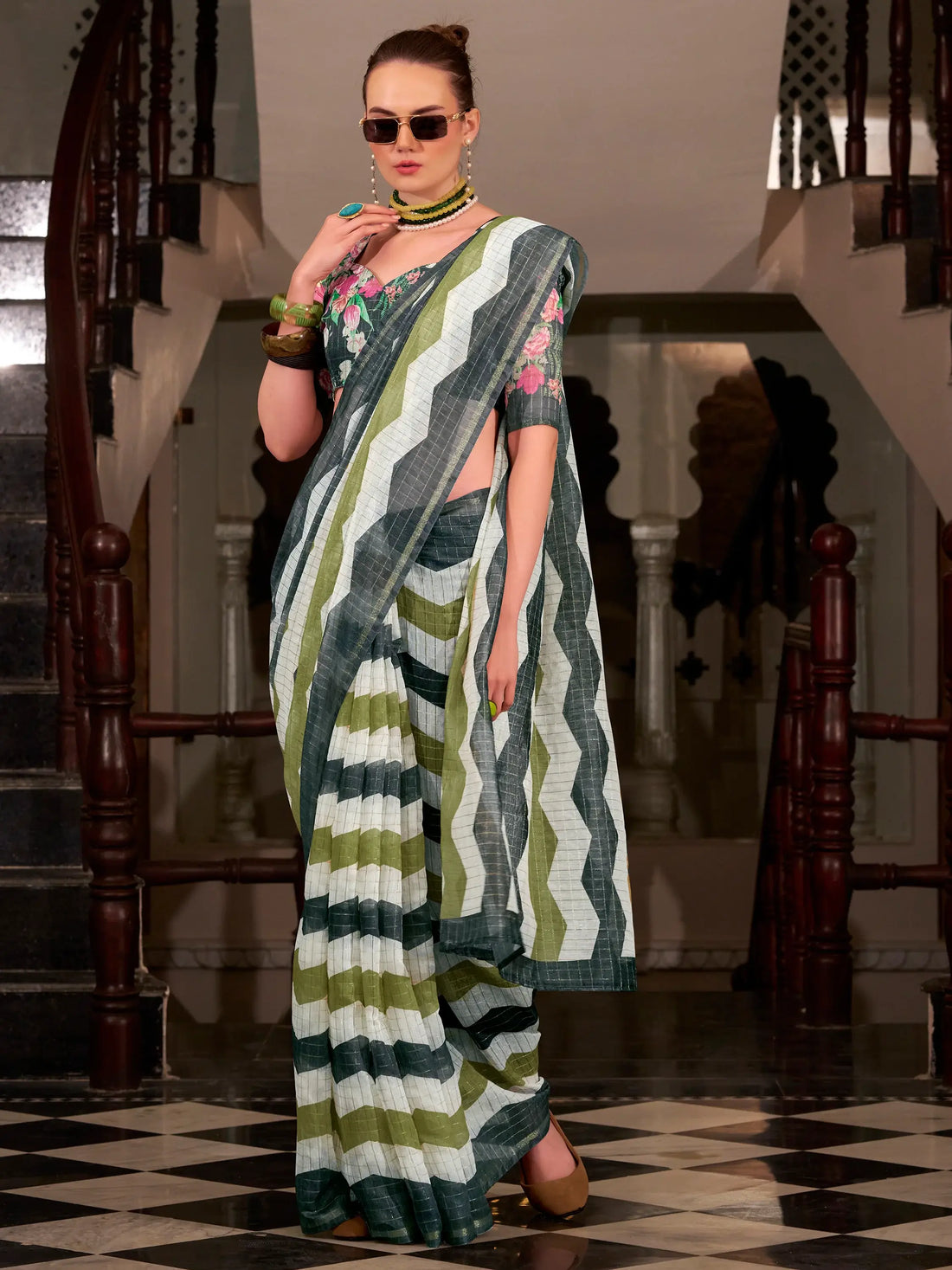 Awesome Multi-Color Printed Cotton Office Wear Saree With Blouse - Zeel Clothing