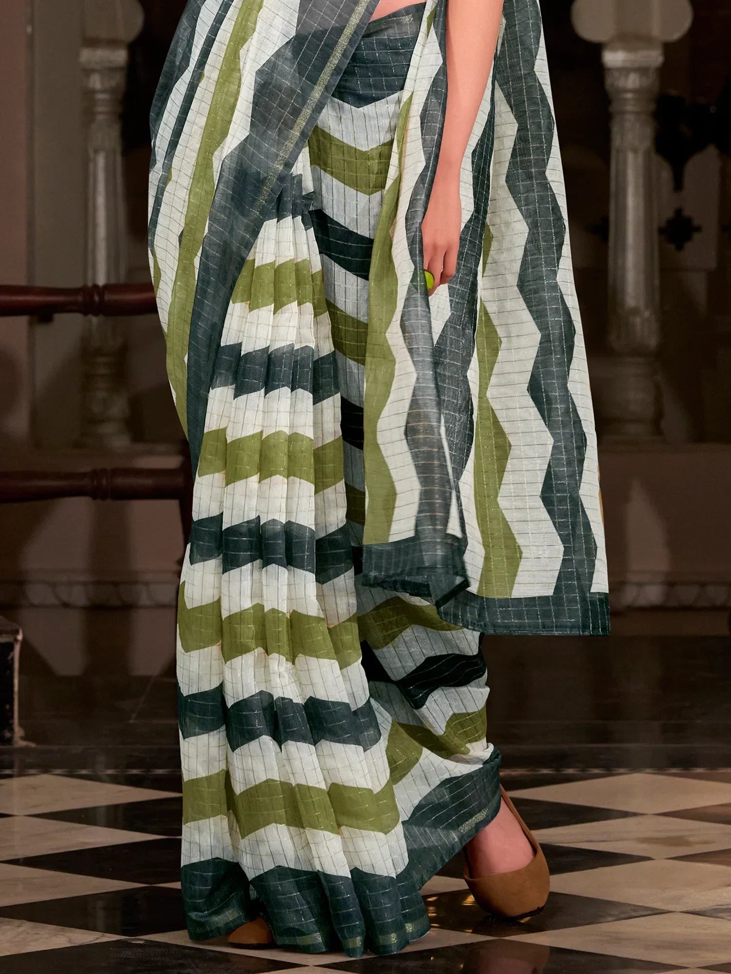 Awesome Multi-Color Printed Cotton Office Wear Saree With Blouse - Zeel Clothing
