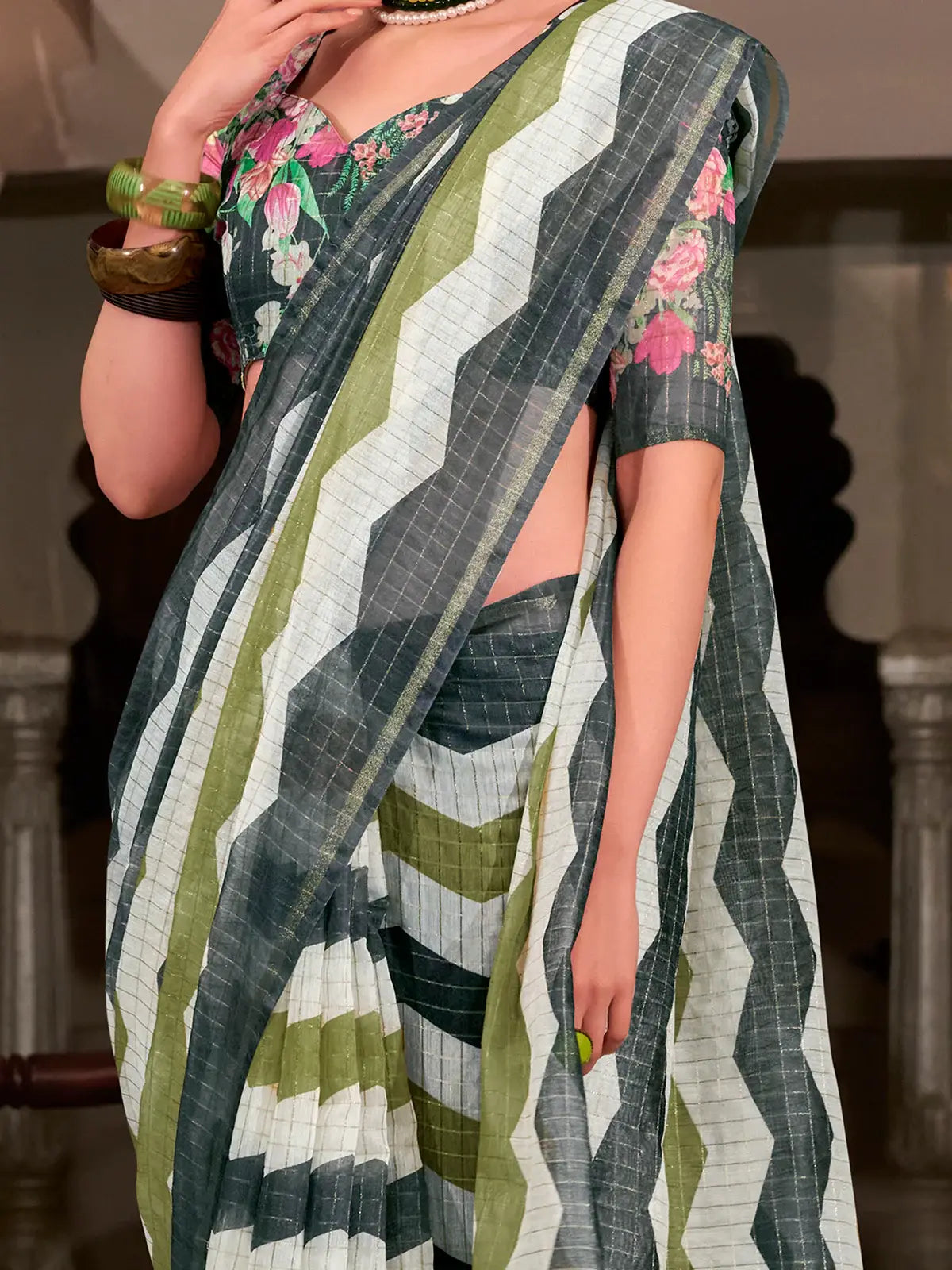 Awesome Multi-Color Printed Cotton Office Wear Saree With Blouse - Zeel Clothing
