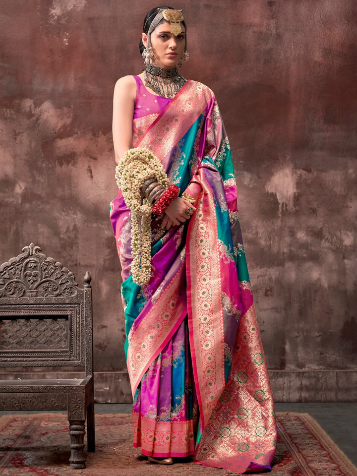 Awesome Multi-Color Zari Weaving Silk Wedding Wear Saree With Blouse - Zeel Clothing